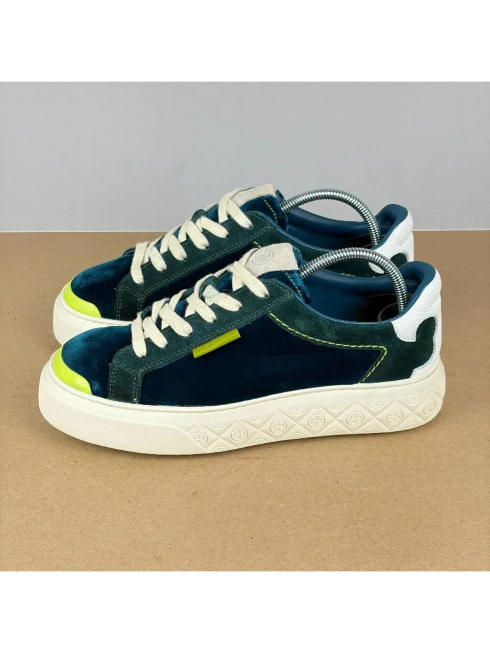 Tory Burch Velvet Ladybug Sneakers Womens 7.5 Dark Teal Low Top Lace Up Shoes